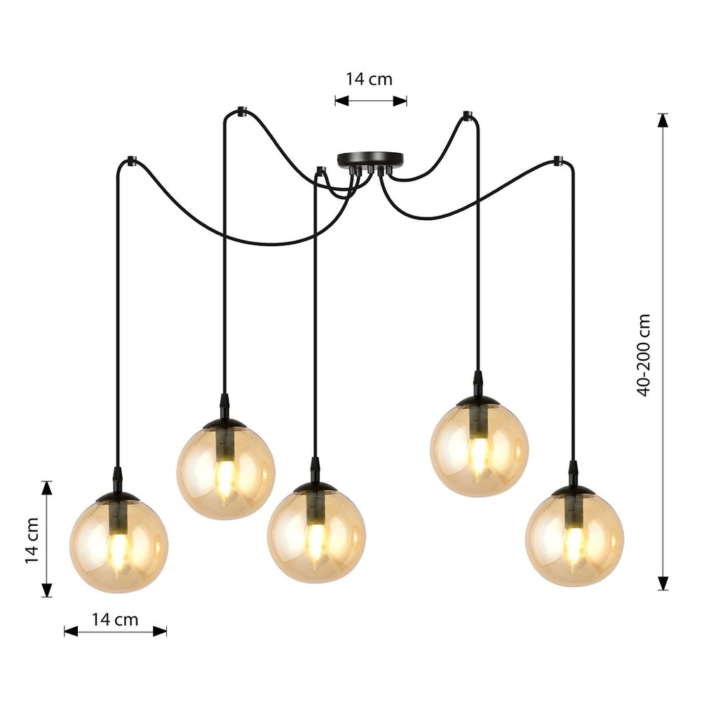 Hanglamp 5 lichtpunten gepoedercoat staal en glas, modern, zwart met amberkleurige glazen kappen Ø 14 cm