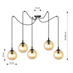 Hanglamp 5 lichtpunten gepoedercoat staal en glas, modern, zwart met amberkleurige glazen kappen Ø 14 cm