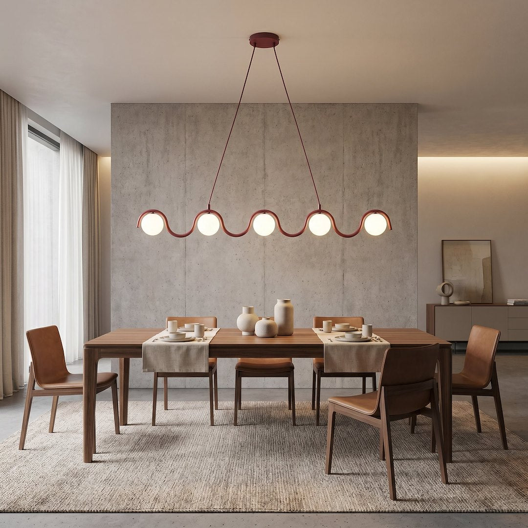 Hanglamp gepoedercoat staal en glas Sinus, bordeaux met witte glazen kappen, 5 lichtpunten, 110 cm, eettafel