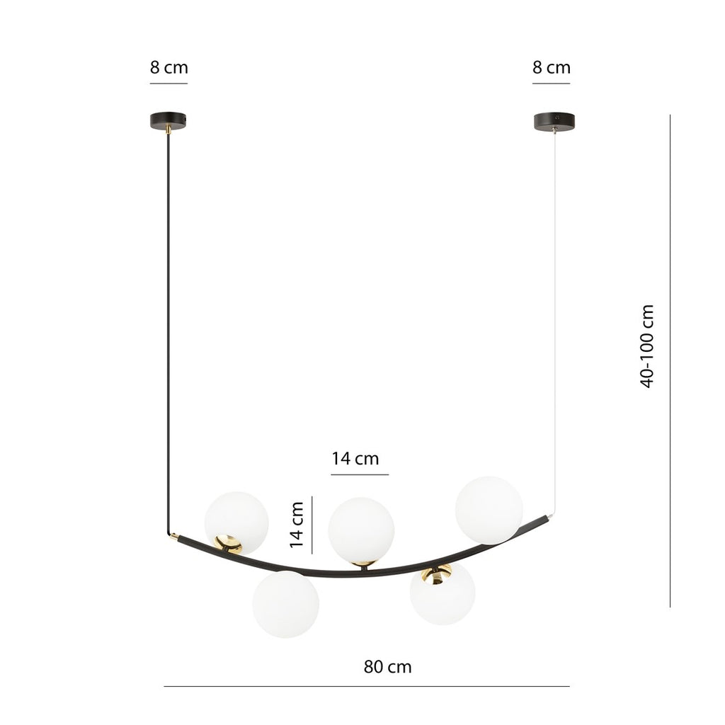 Hanglamp gepoedercoat staal en glas Ritz retro zwart met gouden details, 5 lichtpunten, 80 cm breed