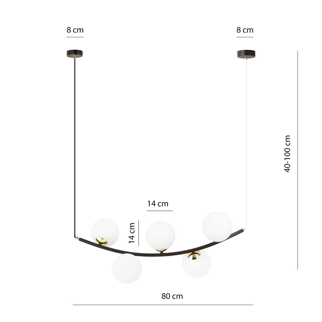 Hanglamp gepoedercoat staal en glas Ritz retro zwart met gouden details, 5 lichtpunten, 80 cm breed