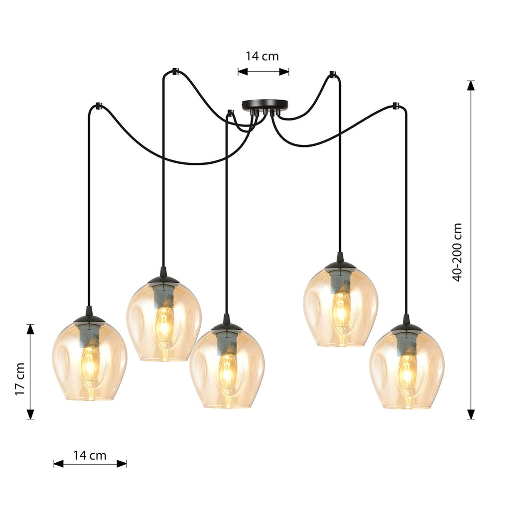Hanglamp 5 lichts gepoedercoat staal en glas, modern, zwart met amberkleurige glazen kappen Ø 14 cm, verstelbaar