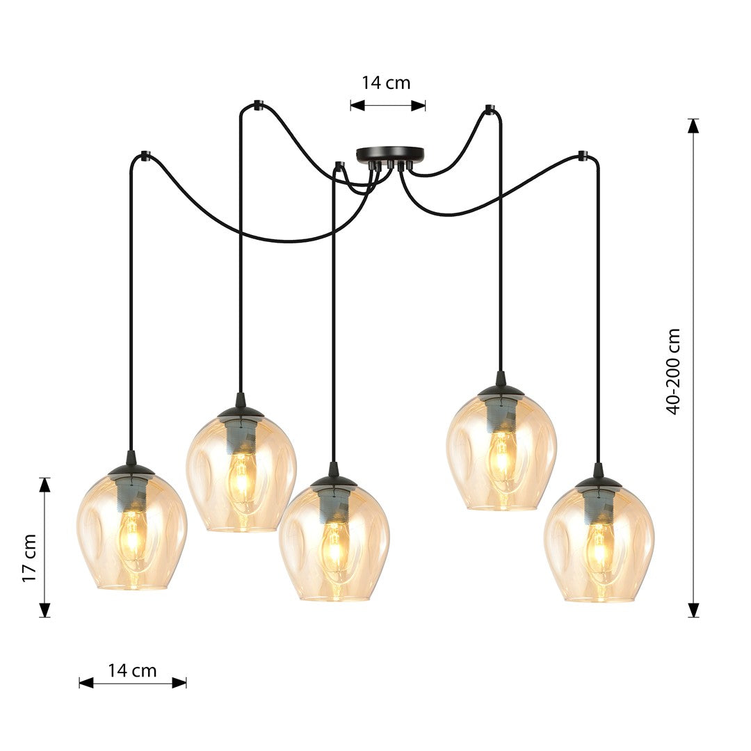 Hanglamp 5 lichts gepoedercoat staal en glas, modern, zwart met amberkleurige glazen kappen Ø 14 cm, verstelbaar
