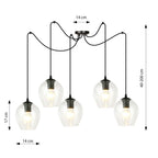 Hanglamp 5 lichts gepoedercoat staal en glas, modern, zwart met transparante kappen, kappen Ø 14 cm