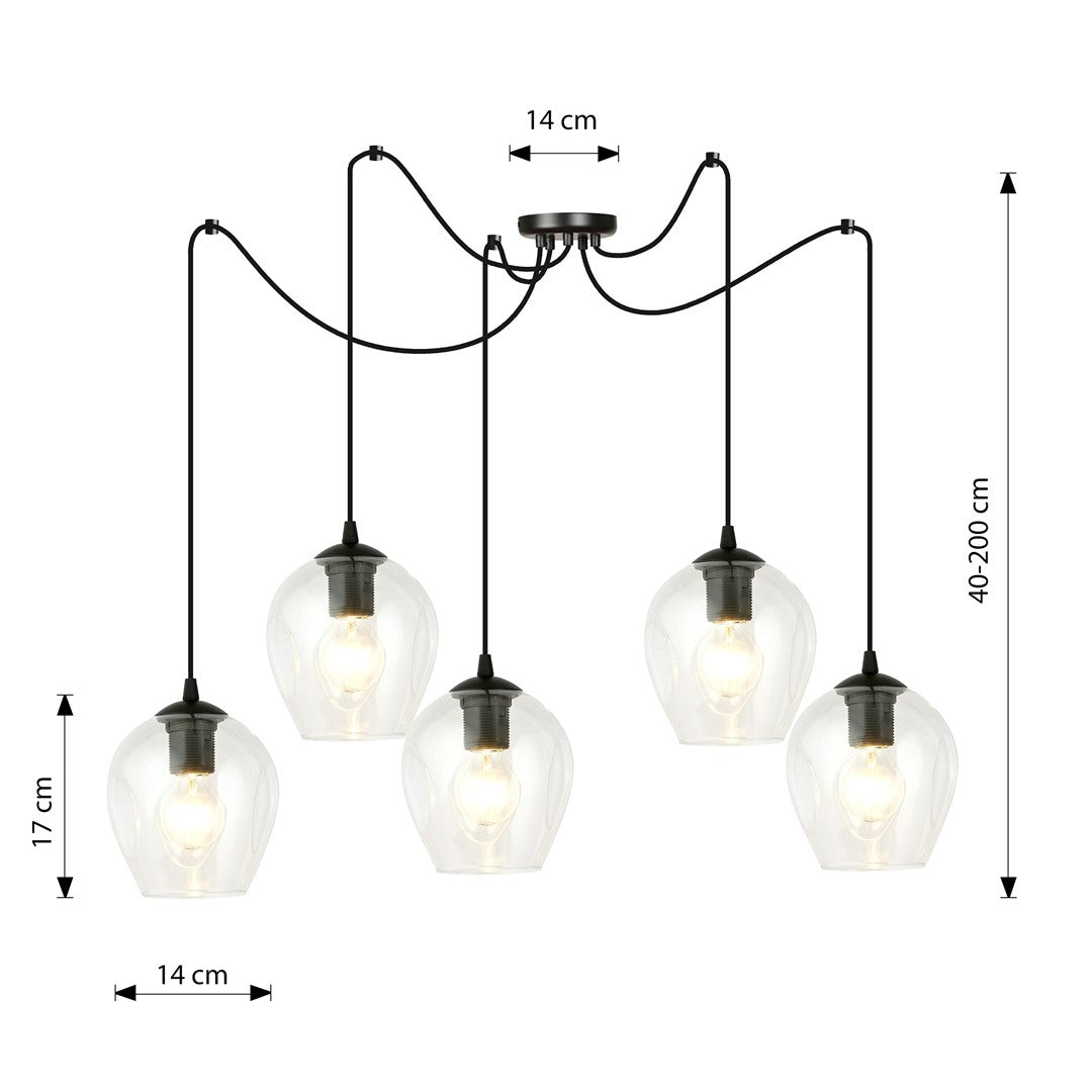 Hanglamp 5 lichts gepoedercoat staal en glas, modern, zwart met transparante kappen, kappen Ø 14 cm