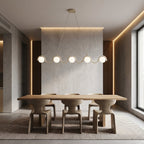 Hanglamp Sinus gepoedercoat staal en glas, modern, beige met witte kap, 5 lichtpunten, 110 cm, eettafel