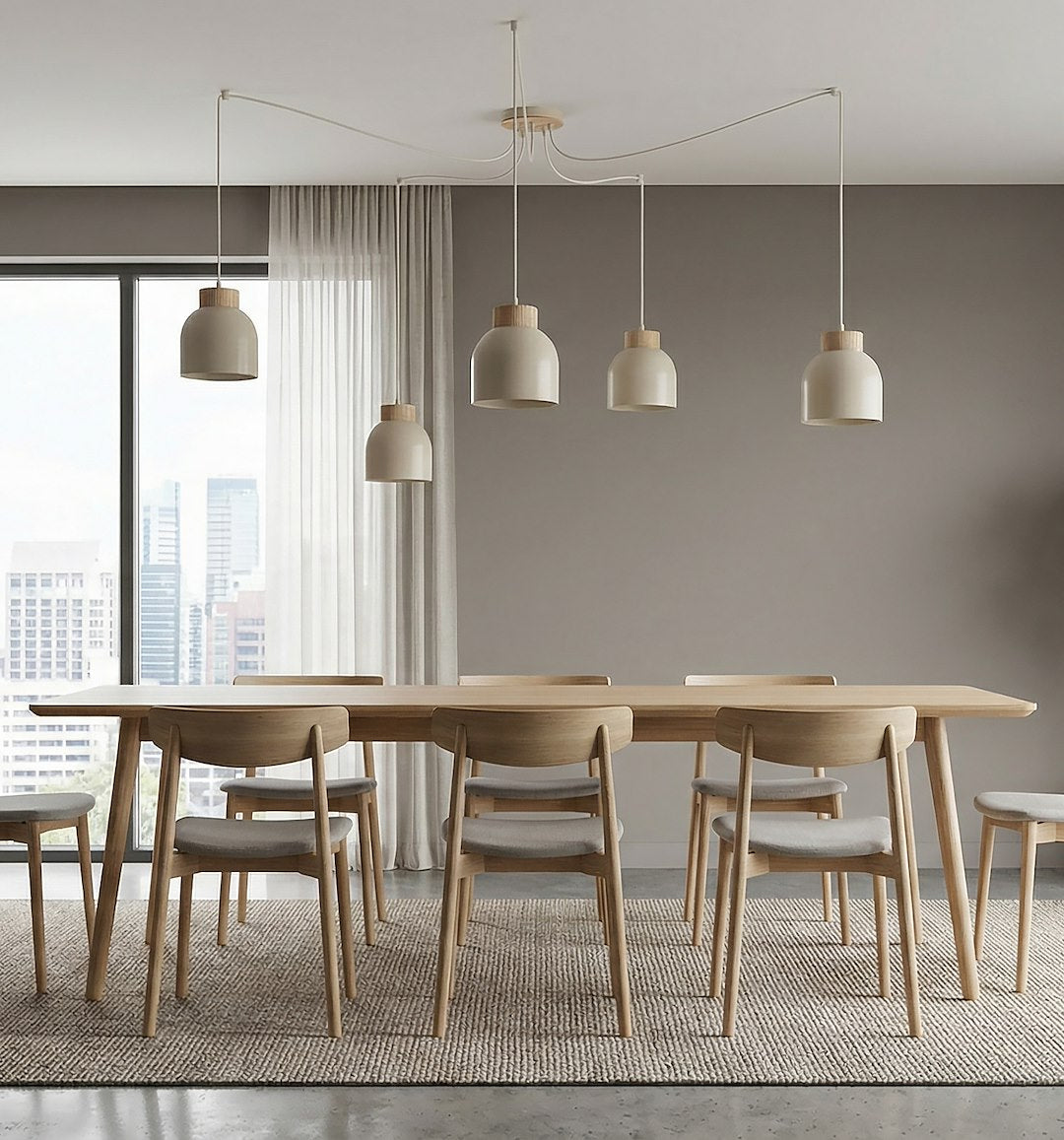 Hanglamp 5 lichts gepoedercoat staal en hout Kru Scandinavisch, beige, hoogte verstelbaar, spider-ophanging