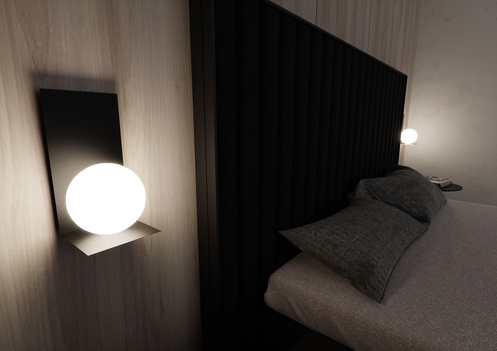 Wandlamp minimalistisch gepoedercoat staal en glas, zwart met witte glazen kap Ø 14 cm, 15 x 30 cm, voor gang en trap