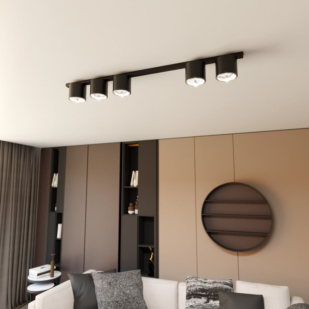 Plafondlamp zwart gepoedercoat staal minimalistisch Nano, 5 spots, 116 cm breed, voor woonkamer of hal
