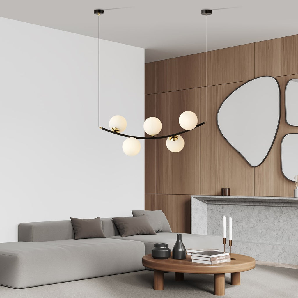 Hanglamp gepoedercoat staal en glas Ritz retro zwart met gouden details, 5 lichtpunten, 80 cm breed