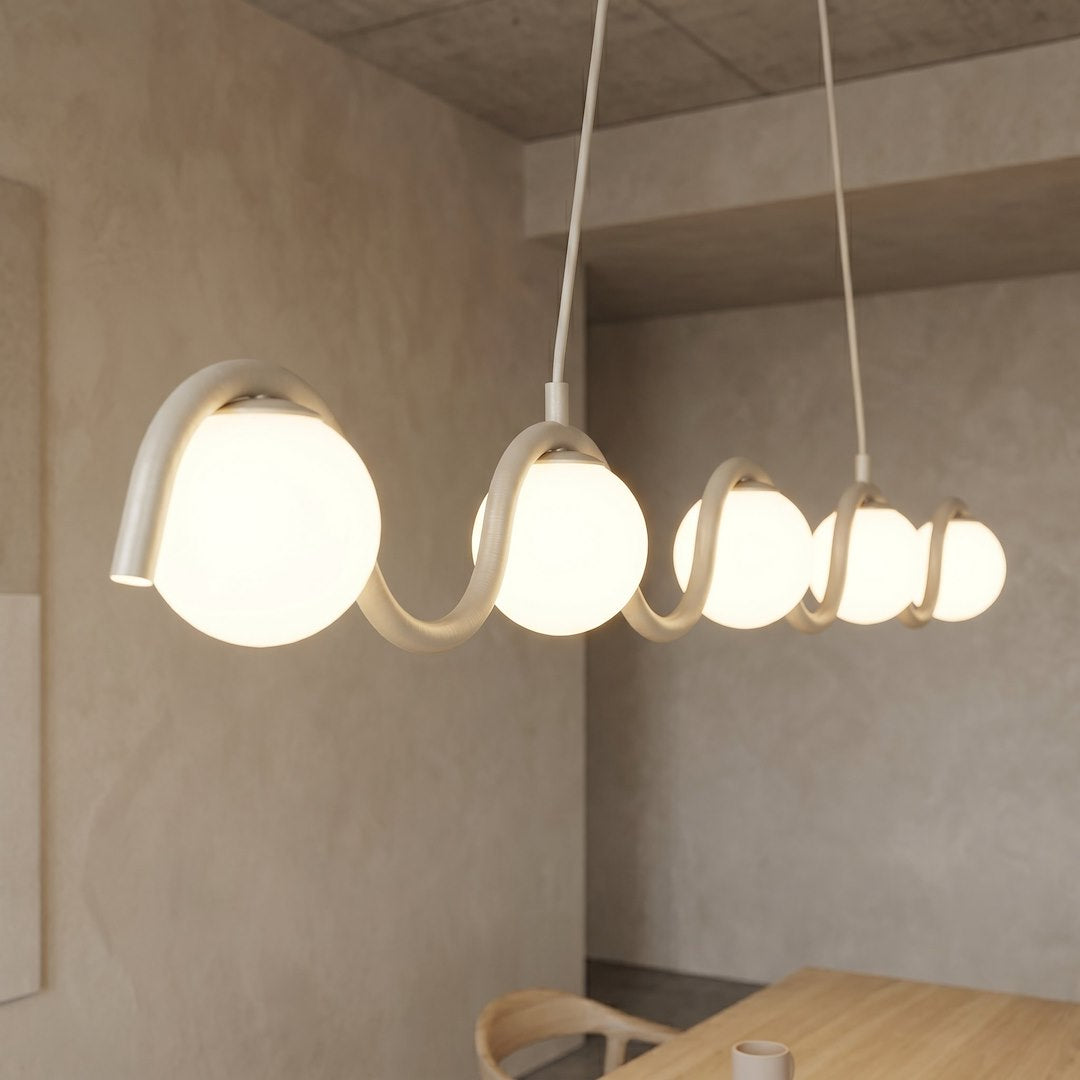 Hanglamp Sinus gepoedercoat staal en glas, modern, beige met witte kap, 5 lichtpunten, 110 cm, eettafel
