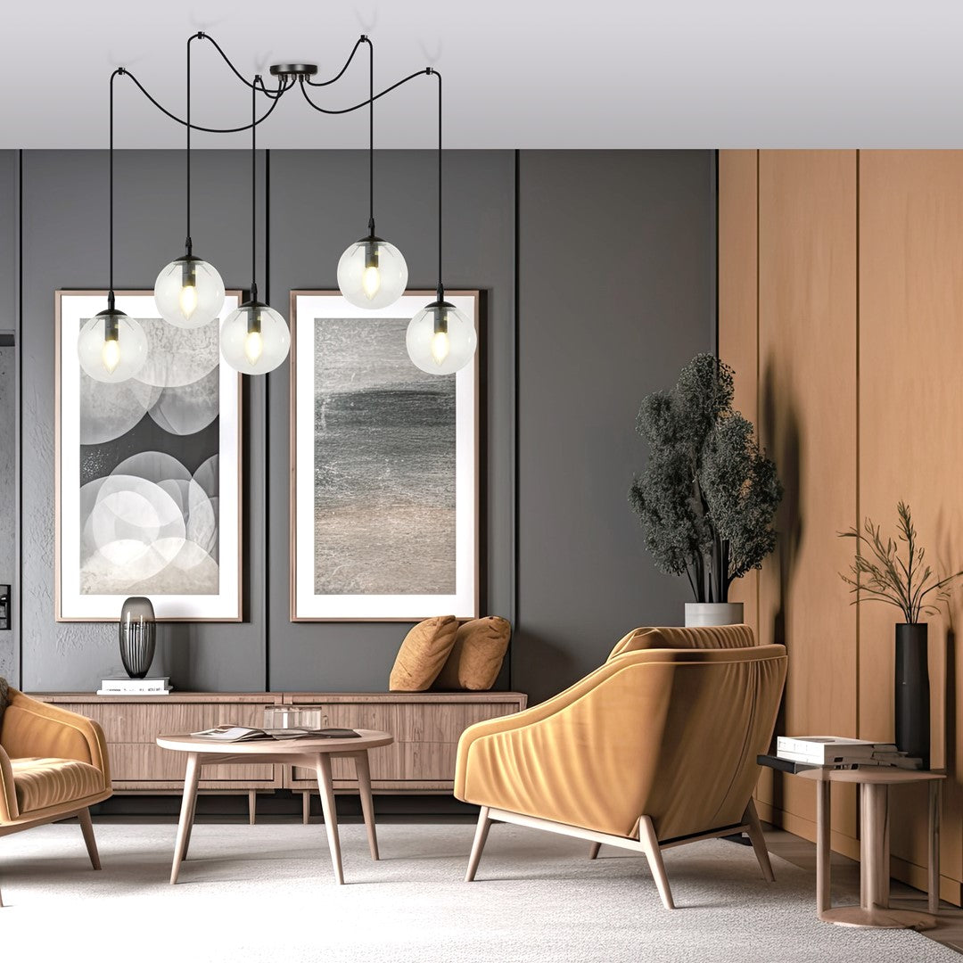 Hanglamp 5 lichts gepoedercoat staal en glas, modern, zwart met transparante kappen Ø 14 cm