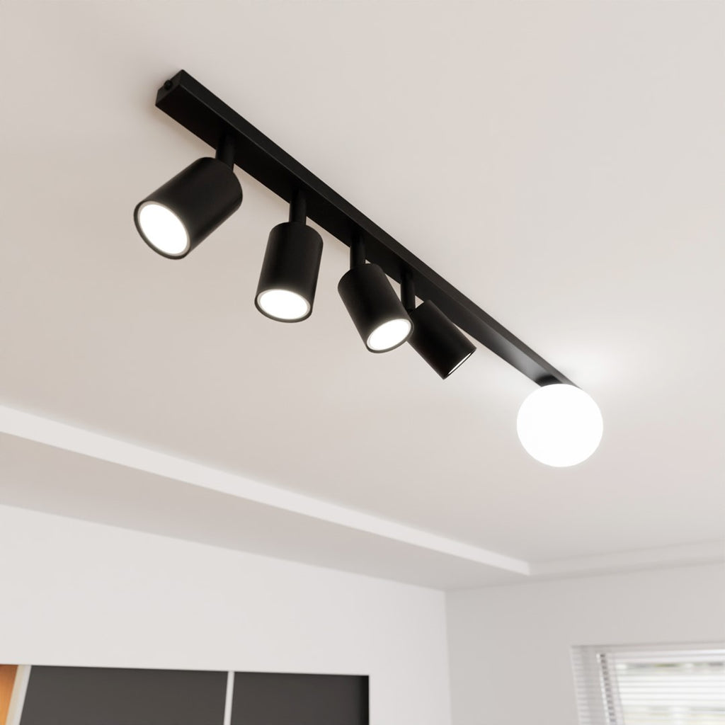 Plafondlamp Baster 5 gepoedercoat staal en glas, modern zwart met witte glazen kap – 90 cm, 5 fittingen
