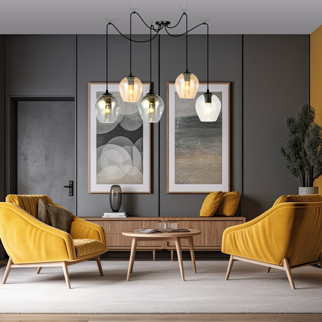 Hanglamp 5 lichts gepoedercoat staal en glas, modern, zwart met transparant, grafiet en amber glazen kappen Ø 14 cm
