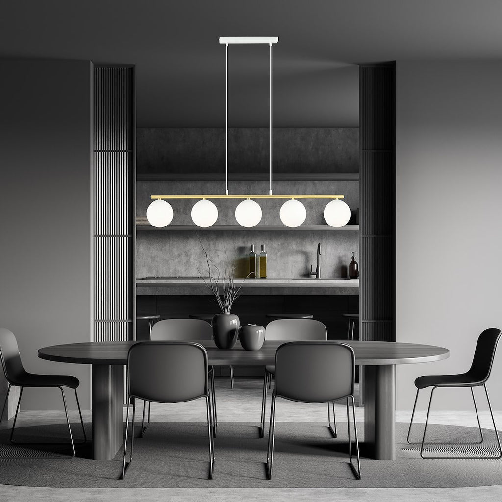 Hanglamp gepoedercoat staal en glas Allora modern wit met goud, 5 lichtpunten E14 – 105 x 100 cm