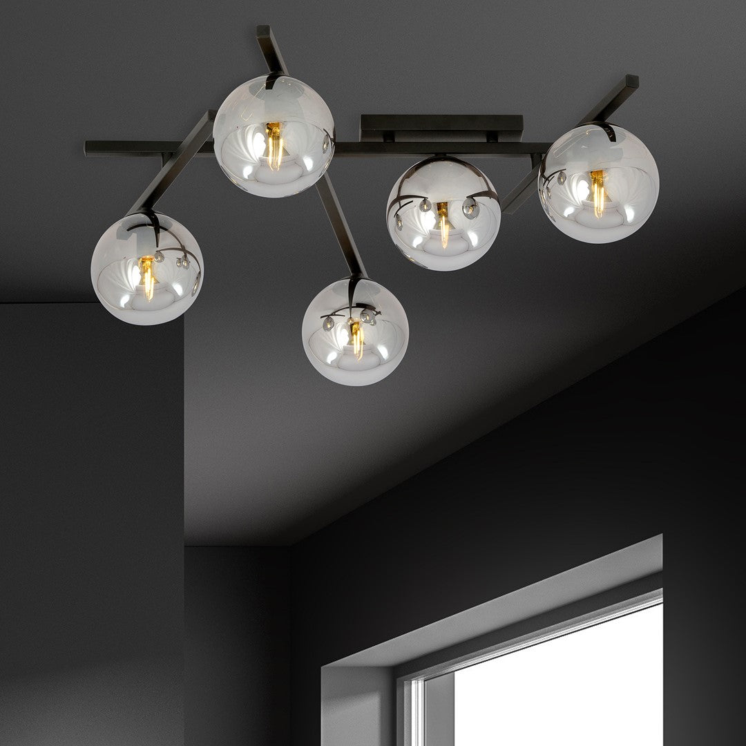 Plafondlamp staal Smart 5 modern zwart met grafiet glazen kappen, 67 cm breed, 5 x E14