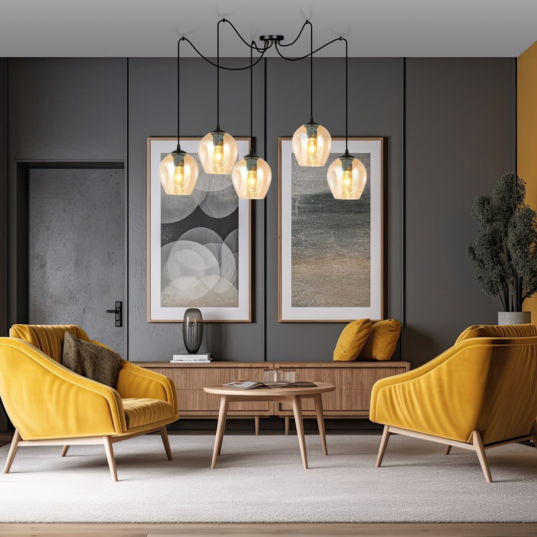 Hanglamp 5 lichts gepoedercoat staal en glas, modern, zwart met amberkleurige glazen kappen Ø 14 cm, verstelbaar