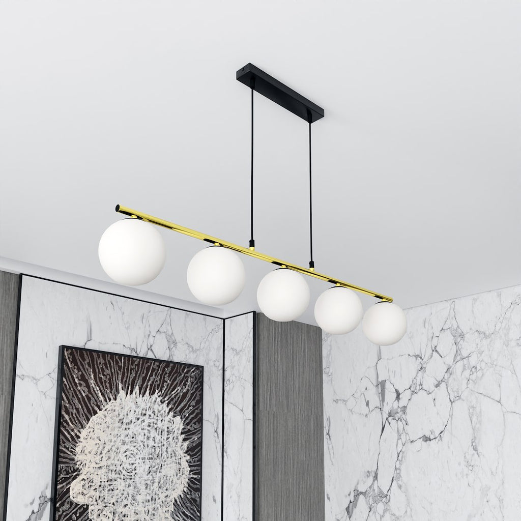 Hanglamp gepoedercoat staal en glas Allora 5 lichts, wit met zwart en goud, 105 cm breed, eetkamer