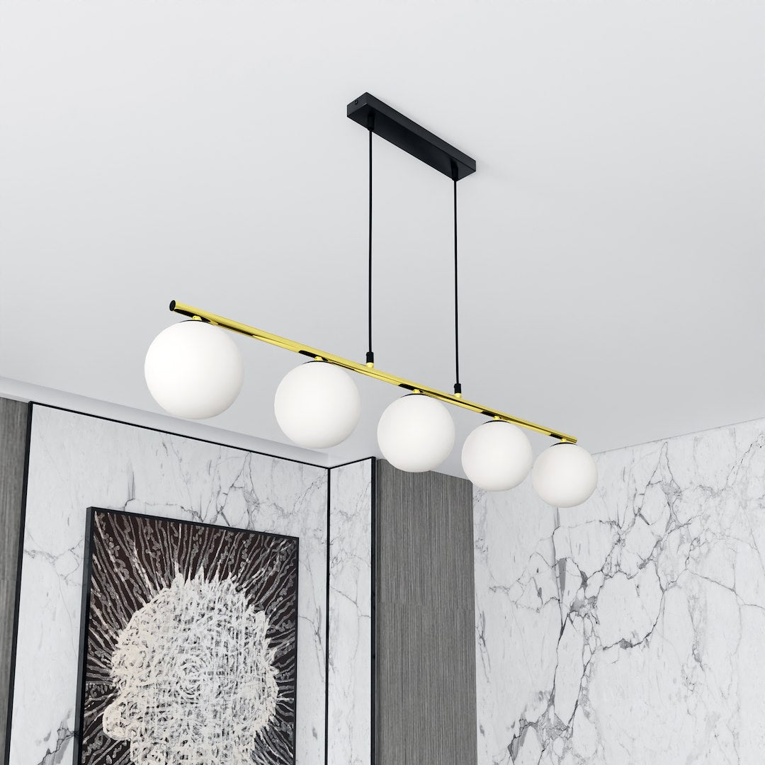 Hanglamp gepoedercoat staal en glas Allora 5 lichts, wit met zwart en goud, 105 cm breed, eetkamer