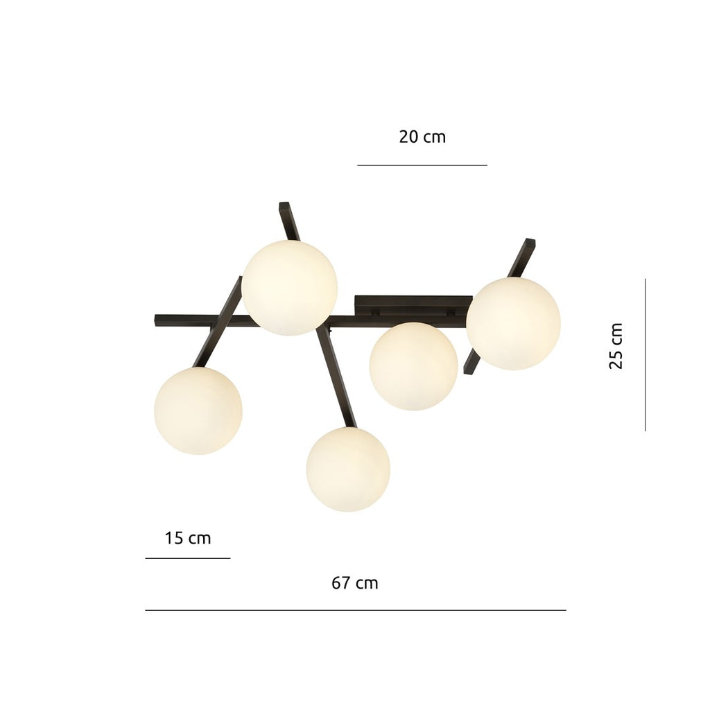 Plafondlamp gepoedercoat staal en glas Smart modern zwart met witte kappen, 67 x 25 cm, 5 fittingen