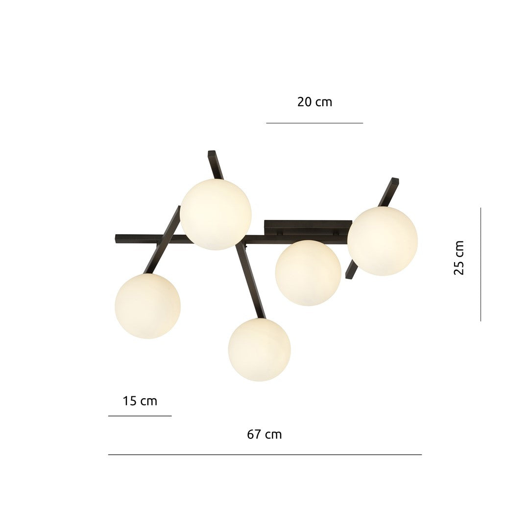 Plafondlamp gepoedercoat staal en glas Smart modern zwart met witte kappen, 67 x 25 cm, 5 fittingen