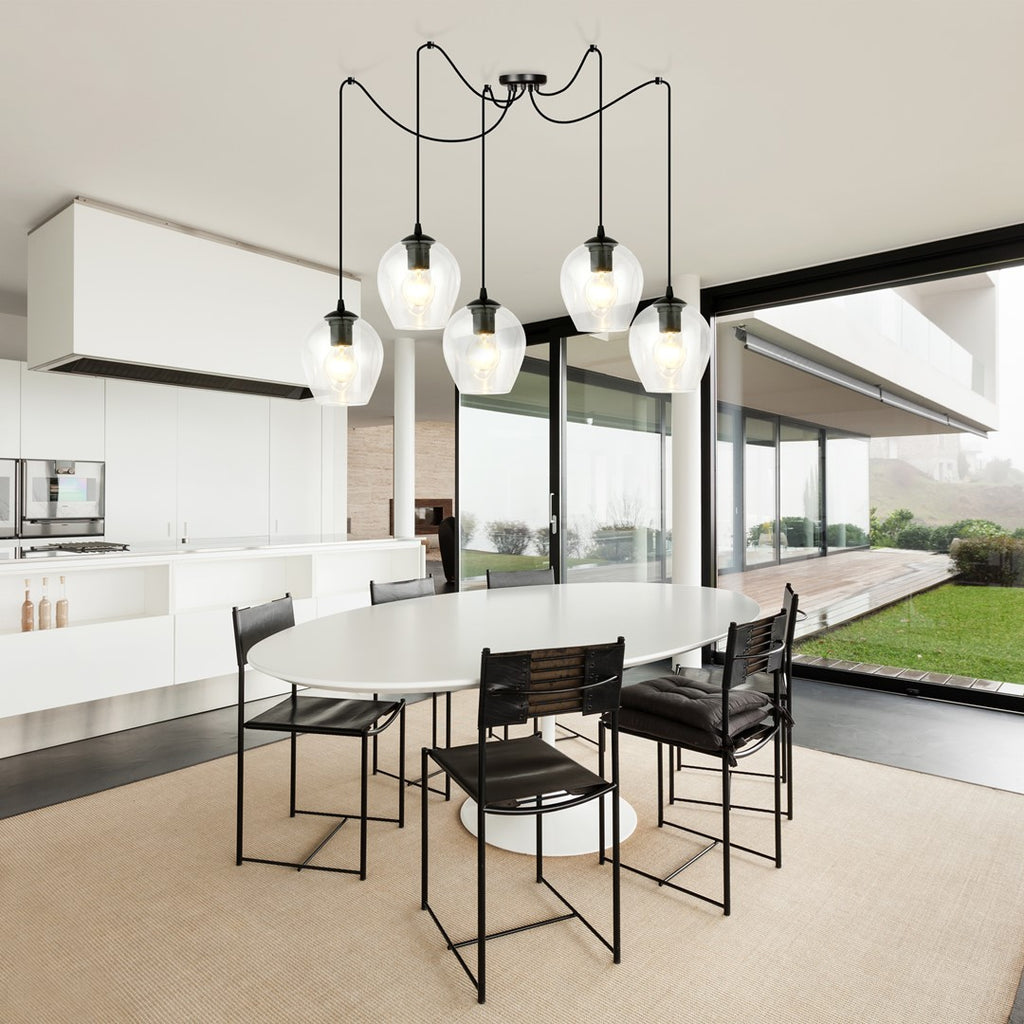 Hanglamp 5 lichts gepoedercoat staal en glas, modern, zwart met transparante kappen, kappen Ø 14 cm