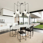 Hanglamp 5 lichts gepoedercoat staal en glas, modern, zwart met transparante kappen, kappen Ø 14 cm