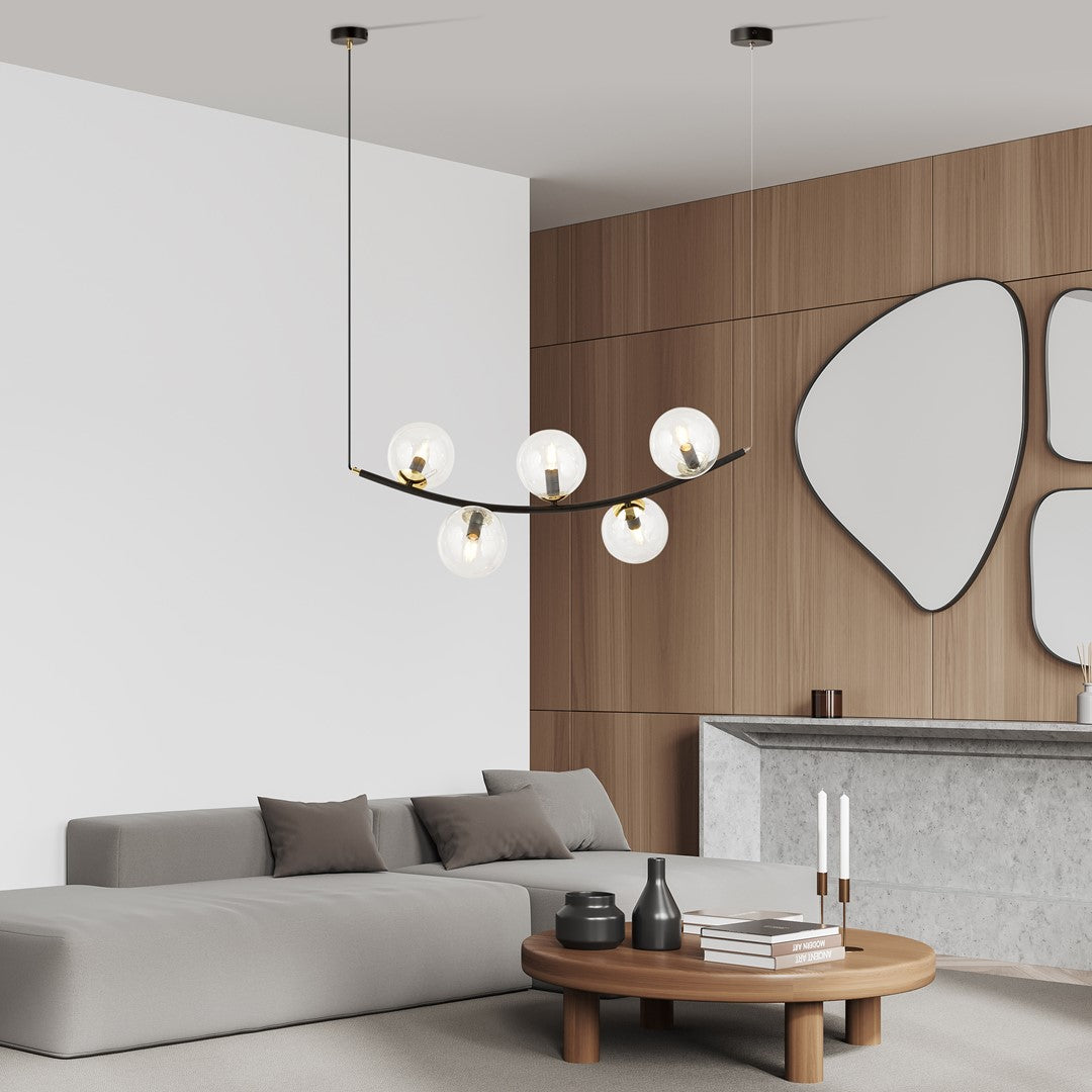 Hanglamp gepoedercoat staal en glas Ritz retro zwart met goud, 5 transparante glazen kappen, 80 x 100 cm