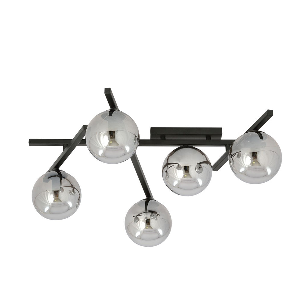 Plafondlamp staal Smart 5 modern zwart met grafiet glazen kappen, 67 cm breed, 5 x E14