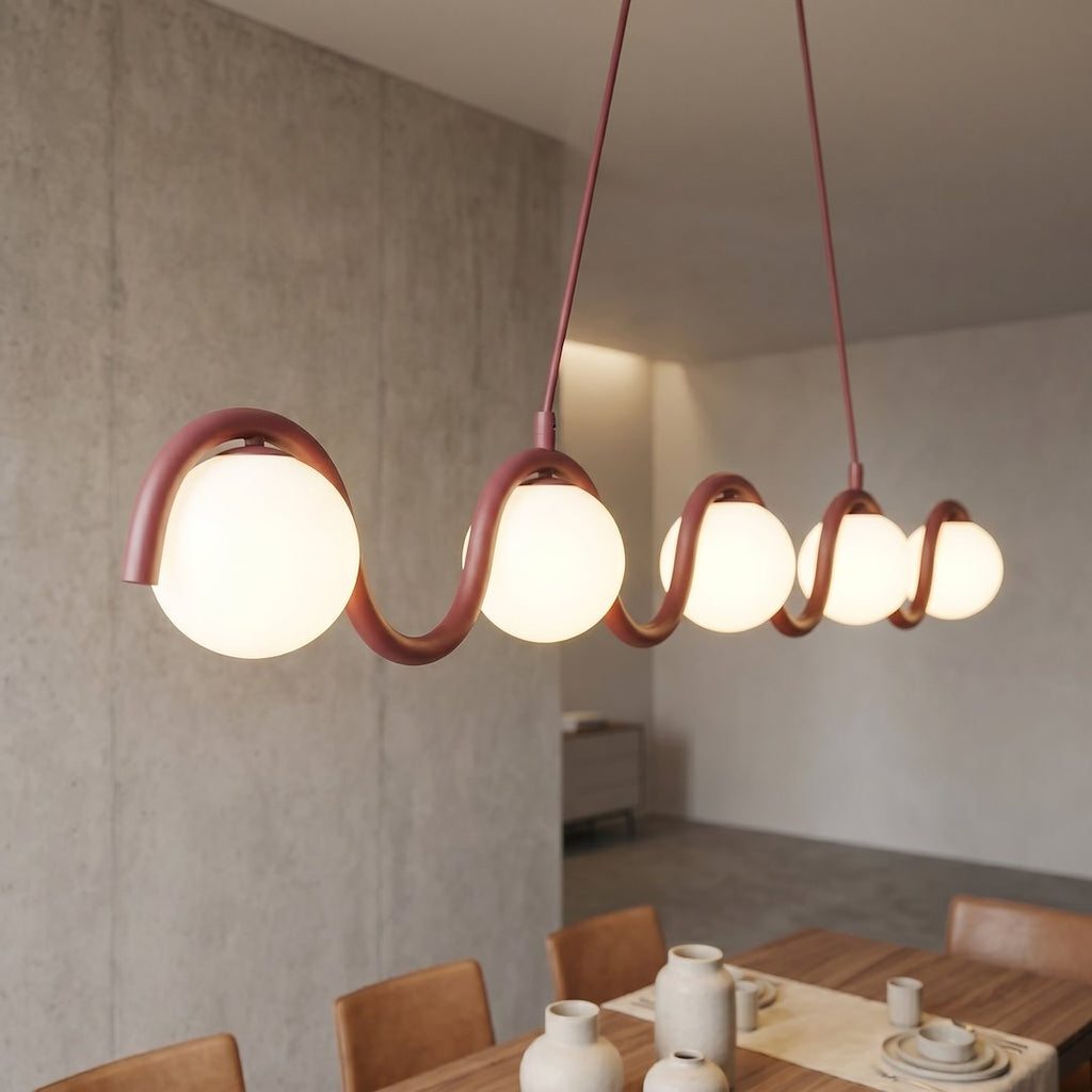Hanglamp gepoedercoat staal en glas Sinus, bordeaux met witte glazen kappen, 5 lichtpunten, 110 cm, eettafel