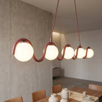 Hanglamp gepoedercoat staal en glas Sinus, bordeaux met witte glazen kappen, 5 lichtpunten, 110 cm, eettafel