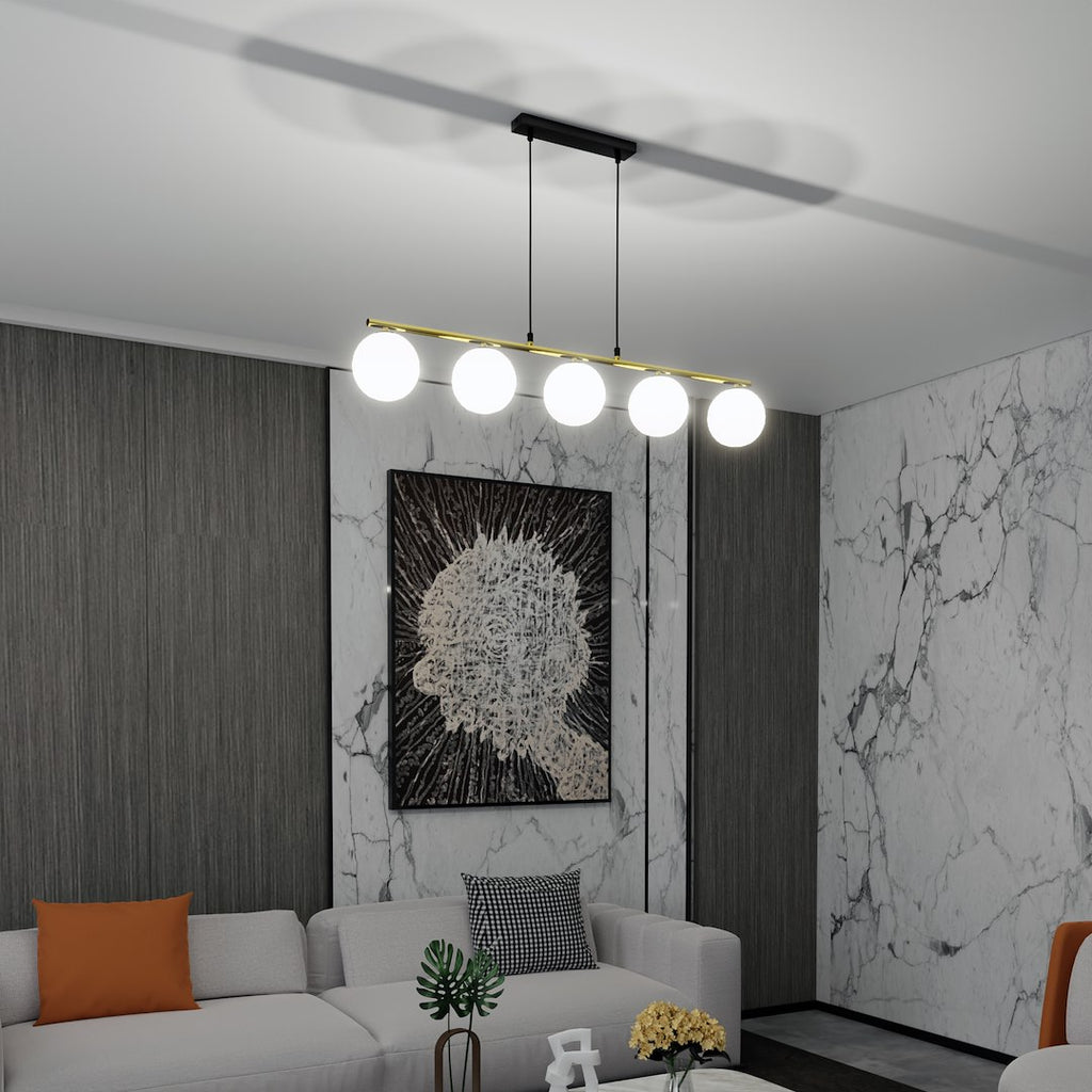 Hanglamp gepoedercoat staal en glas Allora 5 lichts, wit met zwart en goud, 105 cm breed, eetkamer