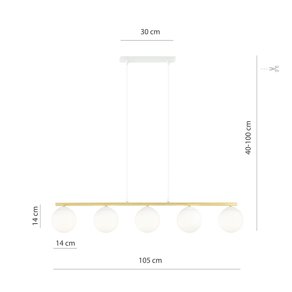 Hanglamp gepoedercoat staal en glas Allora modern wit met goud, 5 lichtpunten E14 – 105 x 100 cm