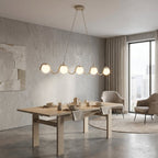 Hanglamp Sinus gepoedercoat staal en glas, modern, beige met witte kap, 5 lichtpunten, 110 cm, eettafel