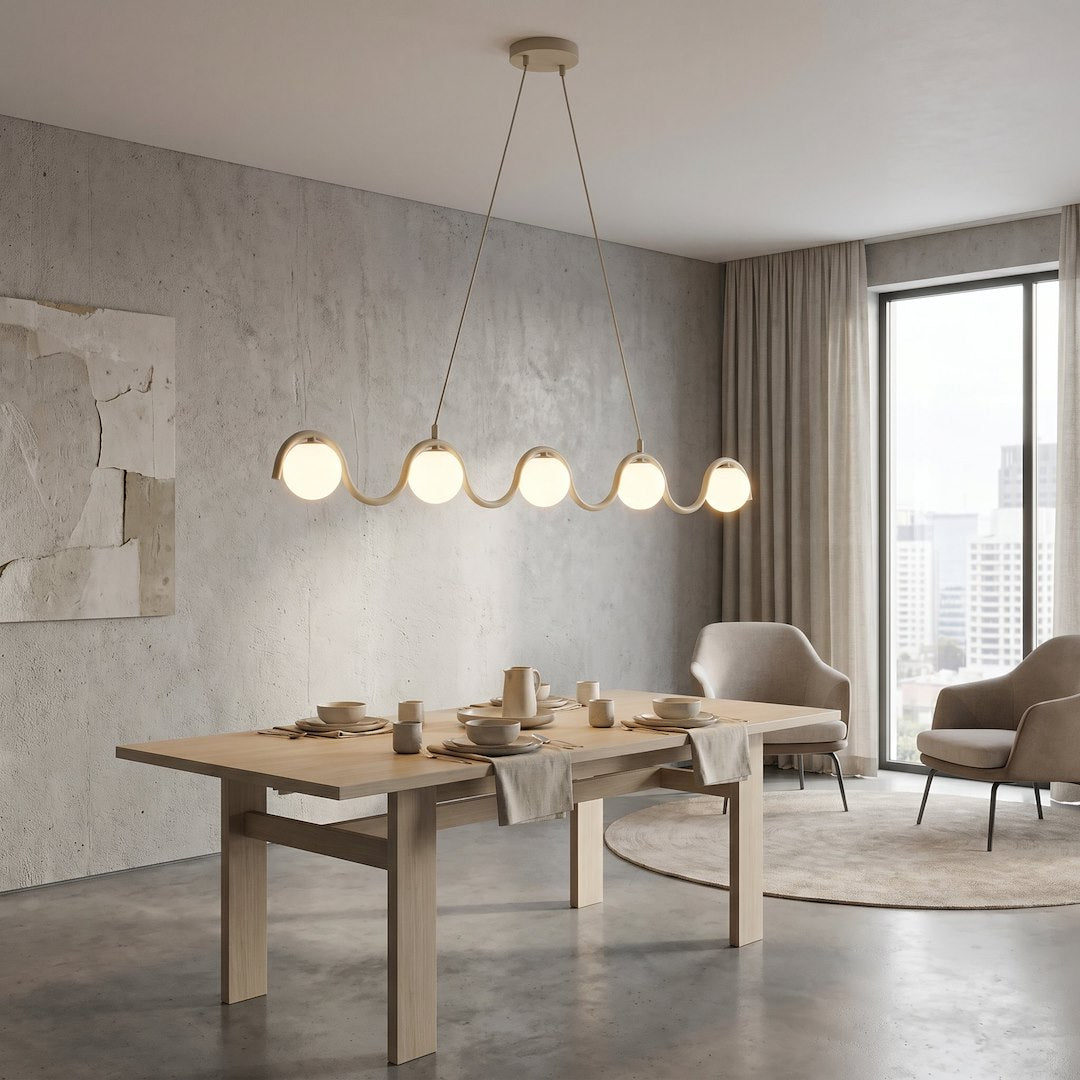 Hanglamp Sinus gepoedercoat staal en glas, modern, beige met witte kap, 5 lichtpunten, 110 cm, eettafel