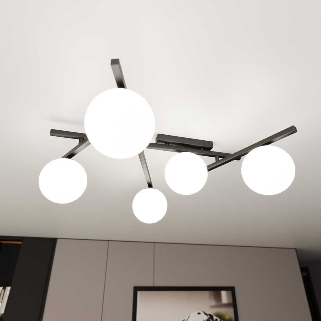 Plafondlamp gepoedercoat staal en glas Smart modern zwart met witte kappen, 67 x 25 cm, 5 fittingen