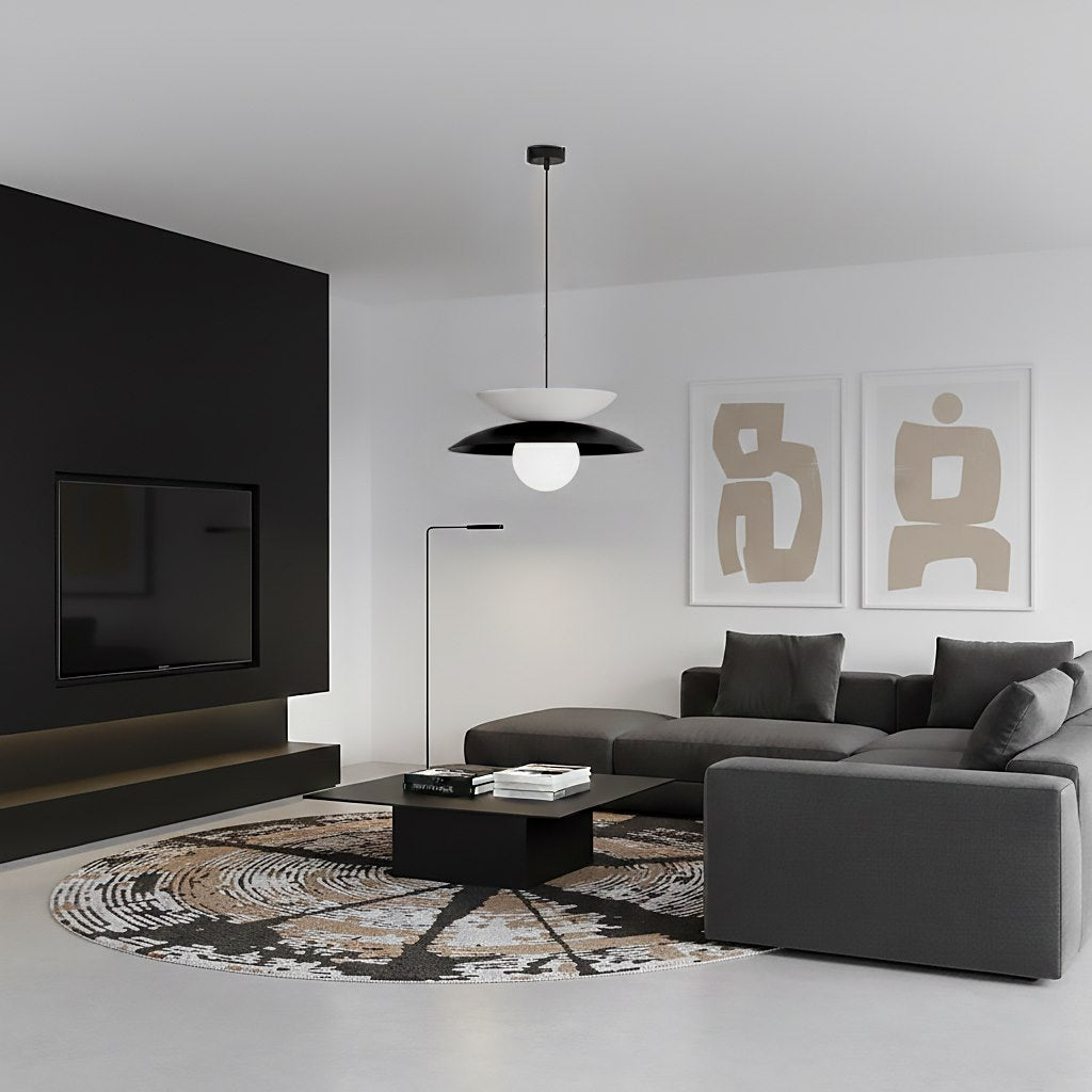 Hanglamp gepoedercoat staal en glas Nagoya, zwart en wit, Ø 41 cm, verstelbare hoogte, G9 led, eettafel en slaapkamer