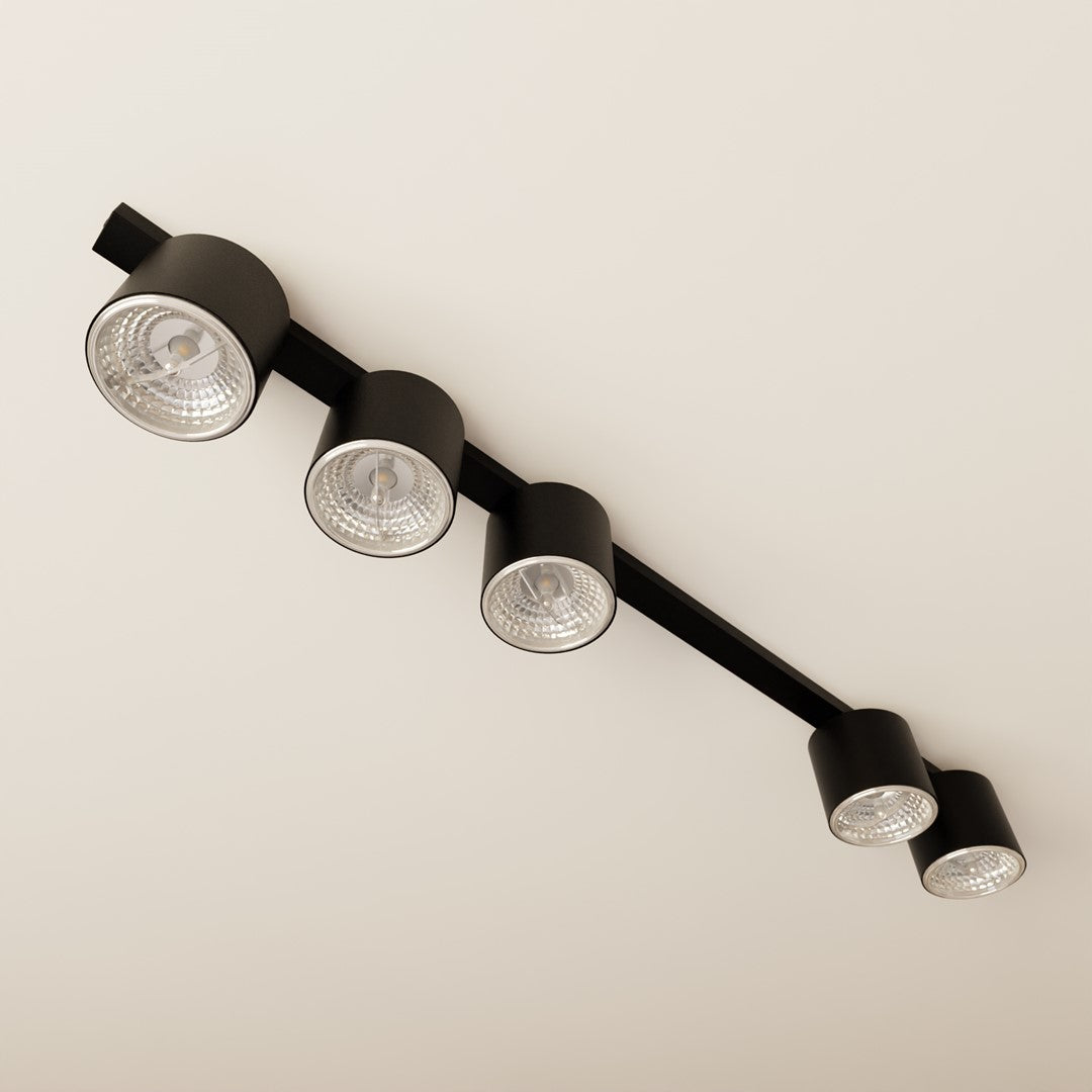Plafondlamp zwart gepoedercoat staal minimalistisch Nano, 5 spots, 116 cm breed, voor woonkamer of hal