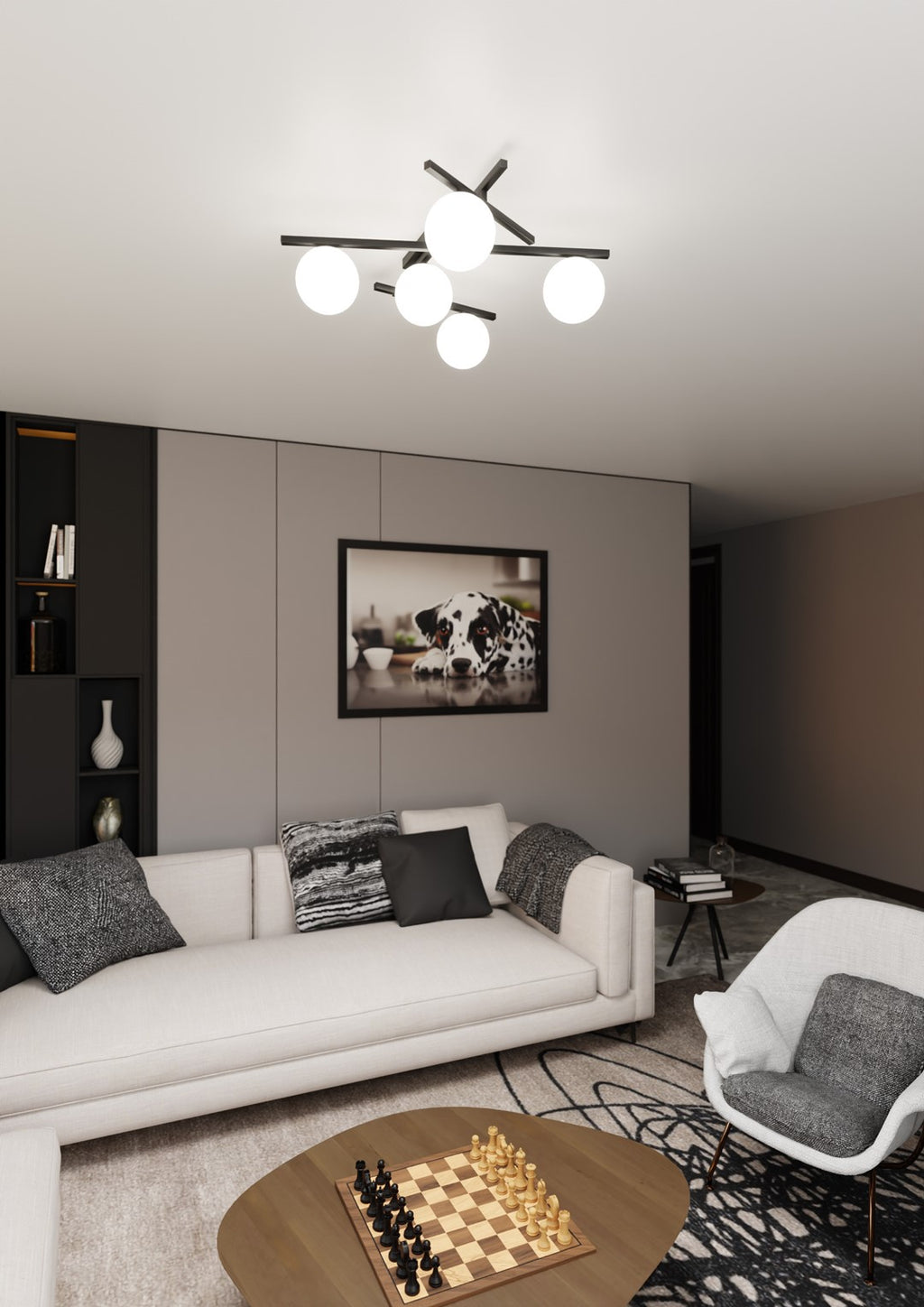 Plafondlamp gepoedercoat staal en glas Smart modern zwart met witte kappen, 67 x 25 cm, 5 fittingen