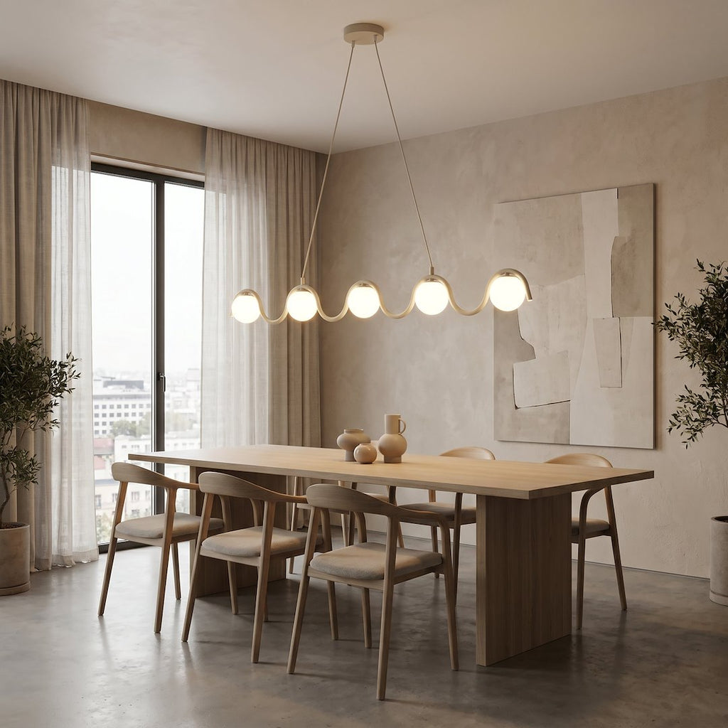 Hanglamp Sinus gepoedercoat staal en glas, modern, beige met witte kap, 5 lichtpunten, 110 cm, eettafel