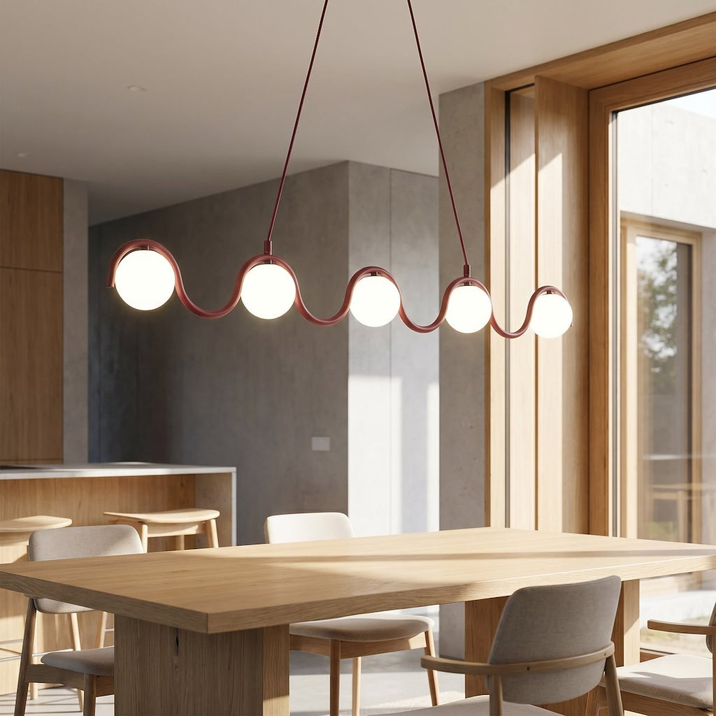 Hanglamp gepoedercoat staal en glas Sinus, bordeaux met witte glazen kappen, 5 lichtpunten, 110 cm, eettafel