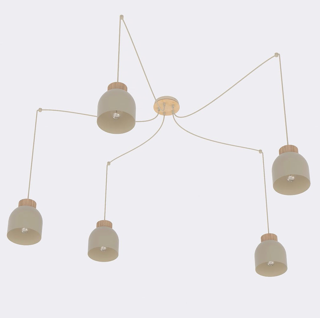 Hanglamp 5 lichts gepoedercoat staal en hout Kru Scandinavisch, beige, hoogte verstelbaar, spider-ophanging