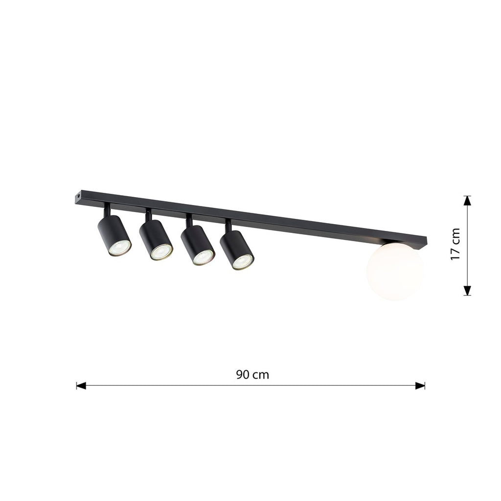 Plafondlamp Baster 5 gepoedercoat staal en glas, modern zwart met witte glazen kap – 90 cm, 5 fittingen