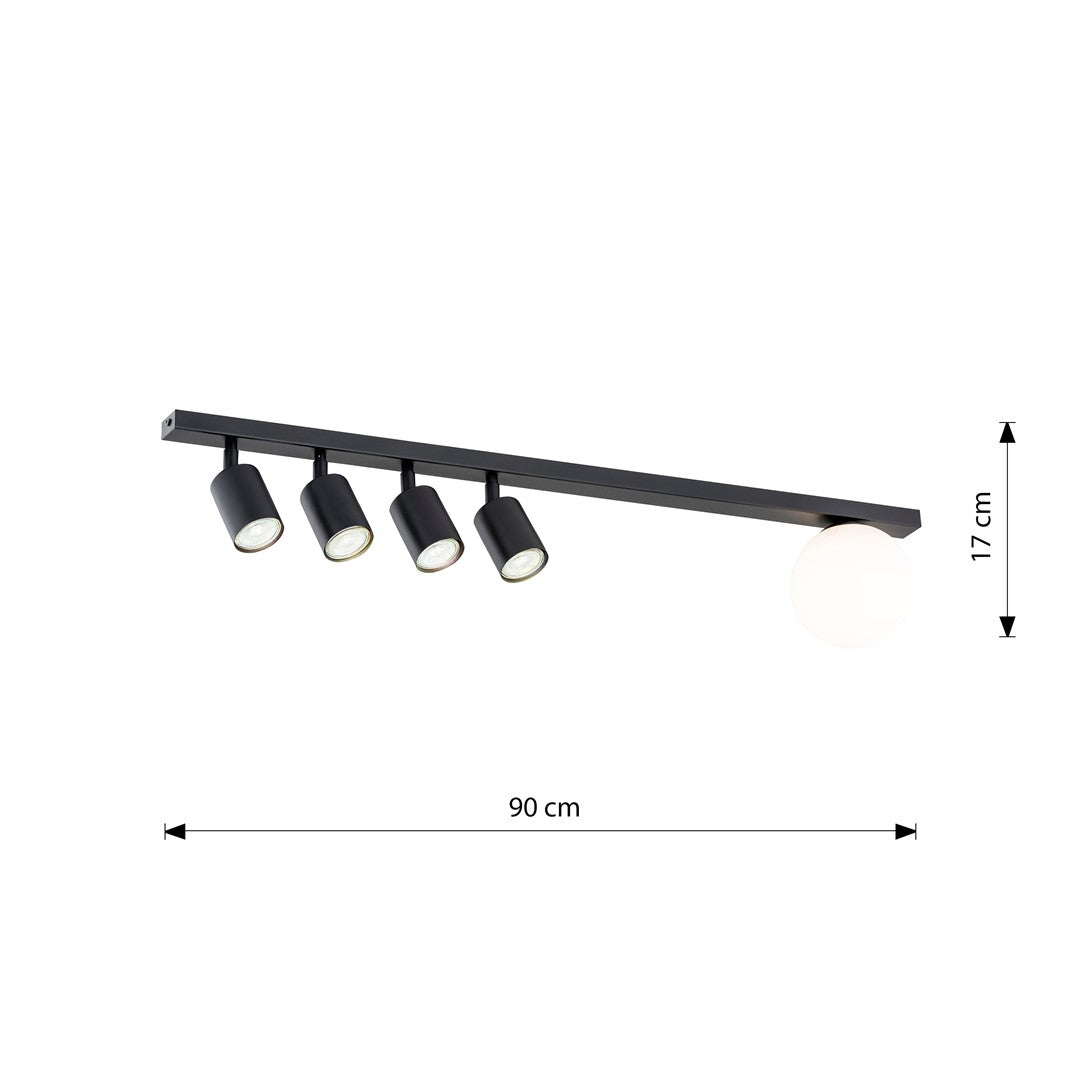 Plafondlamp Baster 5 gepoedercoat staal en glas, modern zwart met witte glazen kap – 90 cm, 5 fittingen