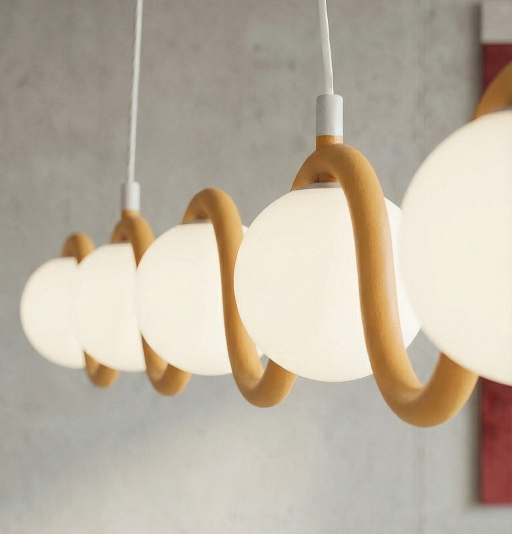 Hanglamp gepoedercoat staal en glas Sinus 5 lichtpunten, oranje met witte kappen, 110 cm, eettafel