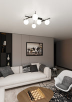 Plafondlamp gepoedercoat staal en glas Smart modern zwart met witte kappen, 67 x 25 cm, 5 fittingen