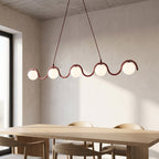 Hanglamp gepoedercoat staal en glas Sinus, bordeaux met witte glazen kappen, 5 lichtpunten, 110 cm, eettafel