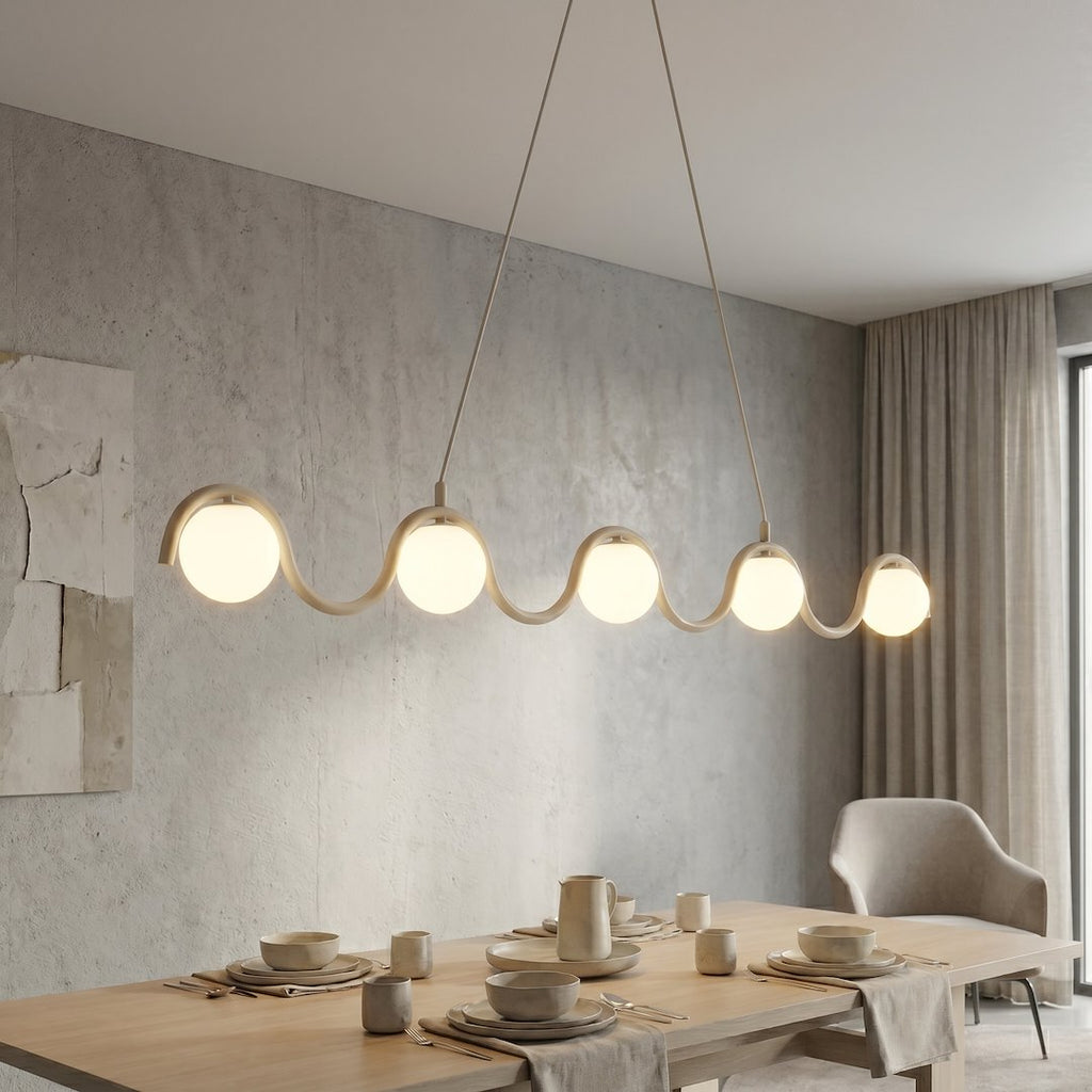 Hanglamp Sinus gepoedercoat staal en glas, modern, beige met witte kap, 5 lichtpunten, 110 cm, eettafel