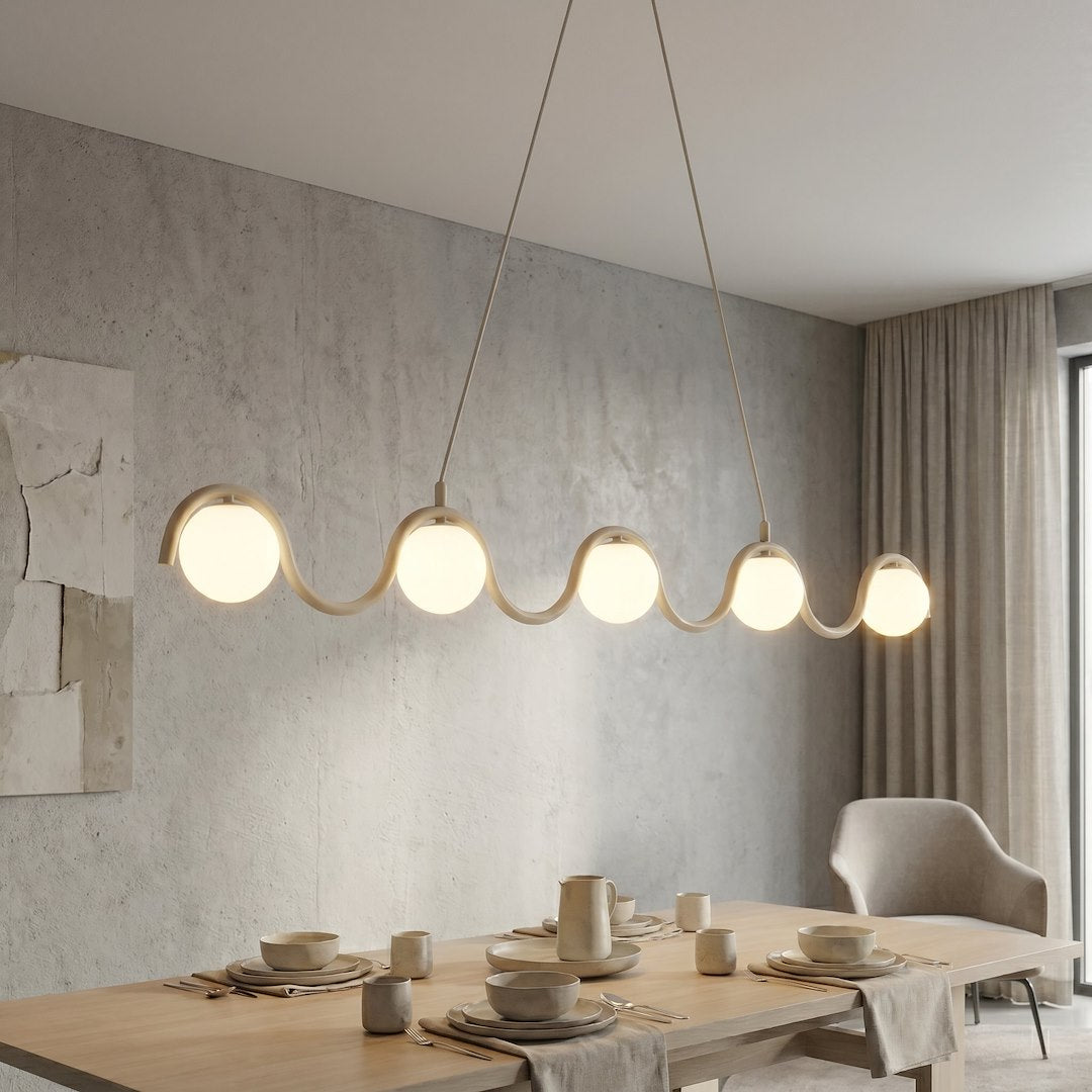 Hanglamp Sinus gepoedercoat staal en glas, modern, beige met witte kap, 5 lichtpunten, 110 cm, eettafel