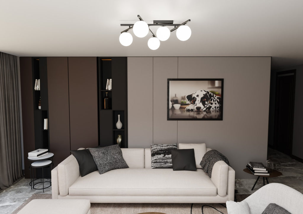 Plafondlamp gepoedercoat staal en glas Smart modern zwart met witte kappen, 67 x 25 cm, 5 fittingen